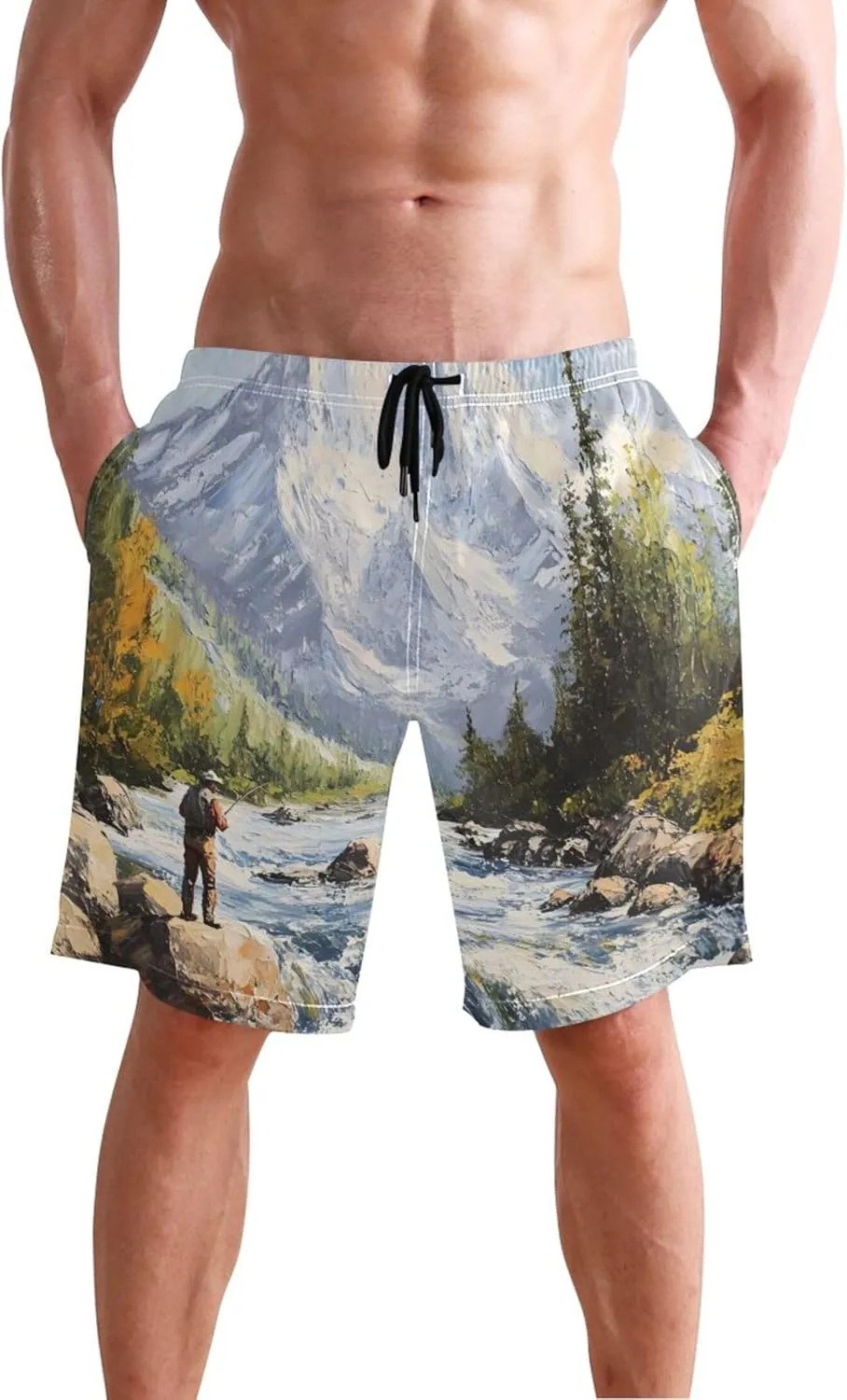 Scenic Fly Fishing Mountain River Beach Swimming Trunks Men Swim Trunks Funny Hawaiian Quick Dry Swimwear S