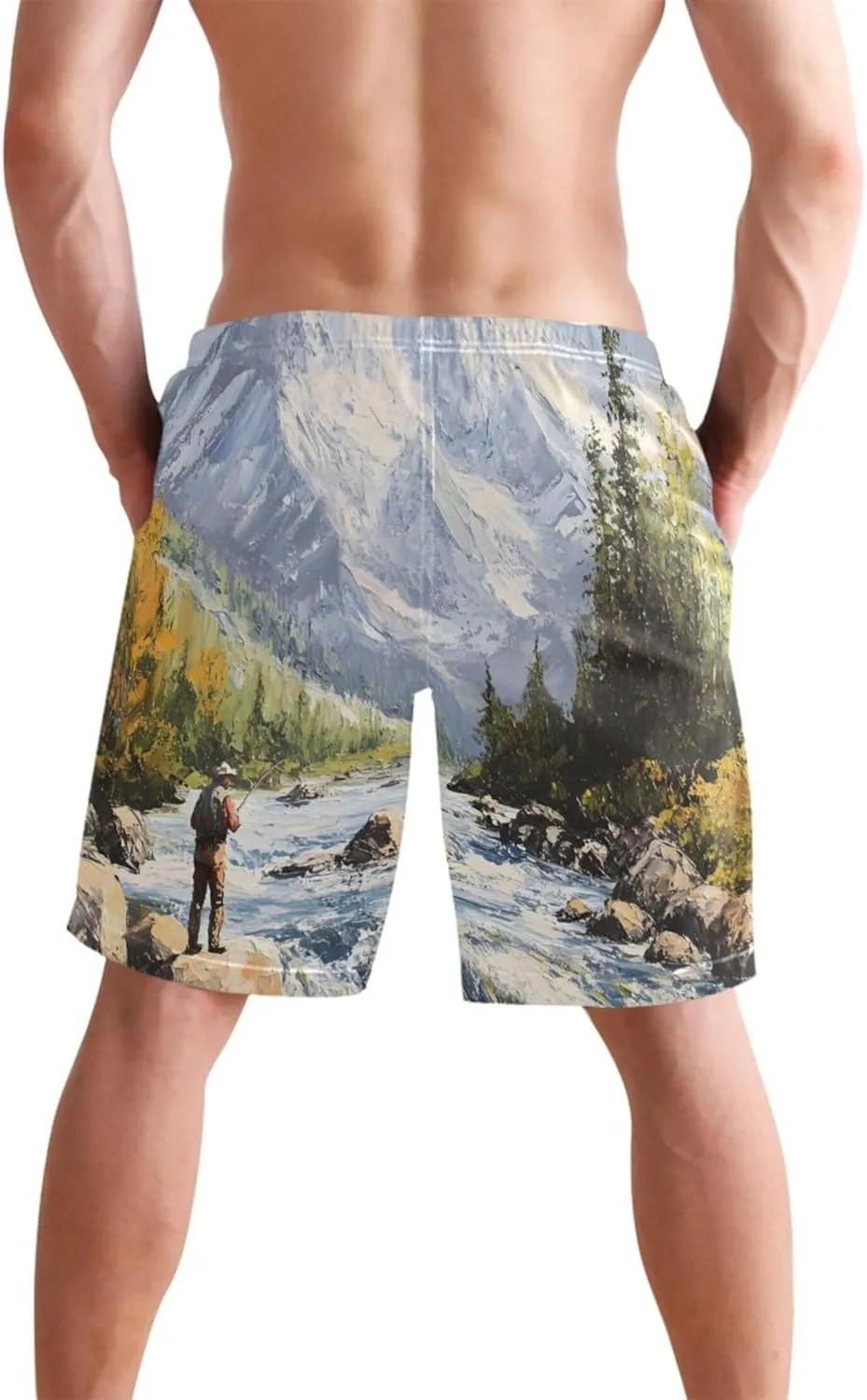 Scenic Fly Fishing Mountain River Beach Swimming Trunks Men Swim Trunks Funny Hawaiian Quick Dry Swimwear S