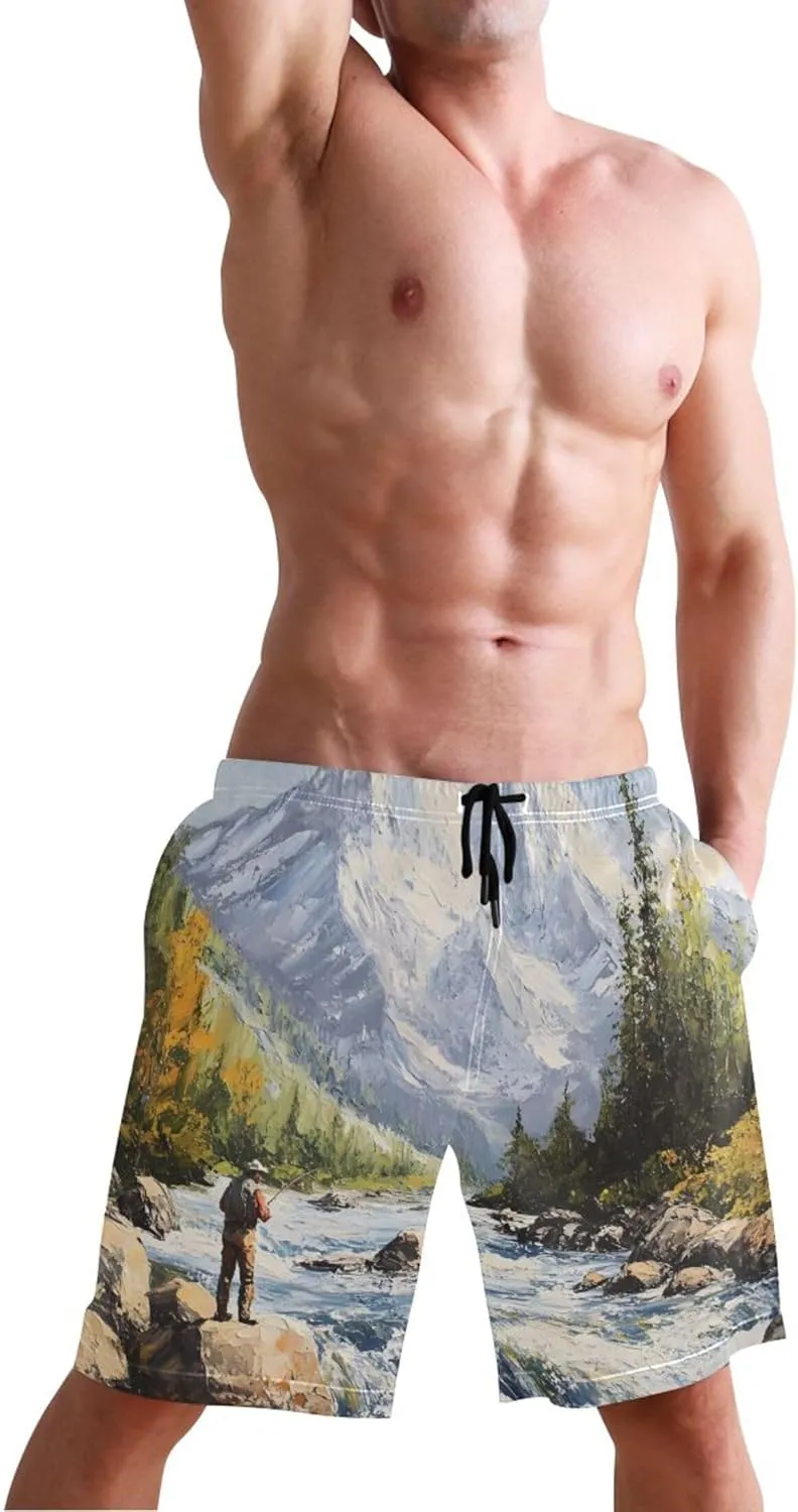 Scenic Fly Fishing Mountain River Beach Swimming Trunks Men Swim Trunks Funny Hawaiian Quick Dry Swimwear S