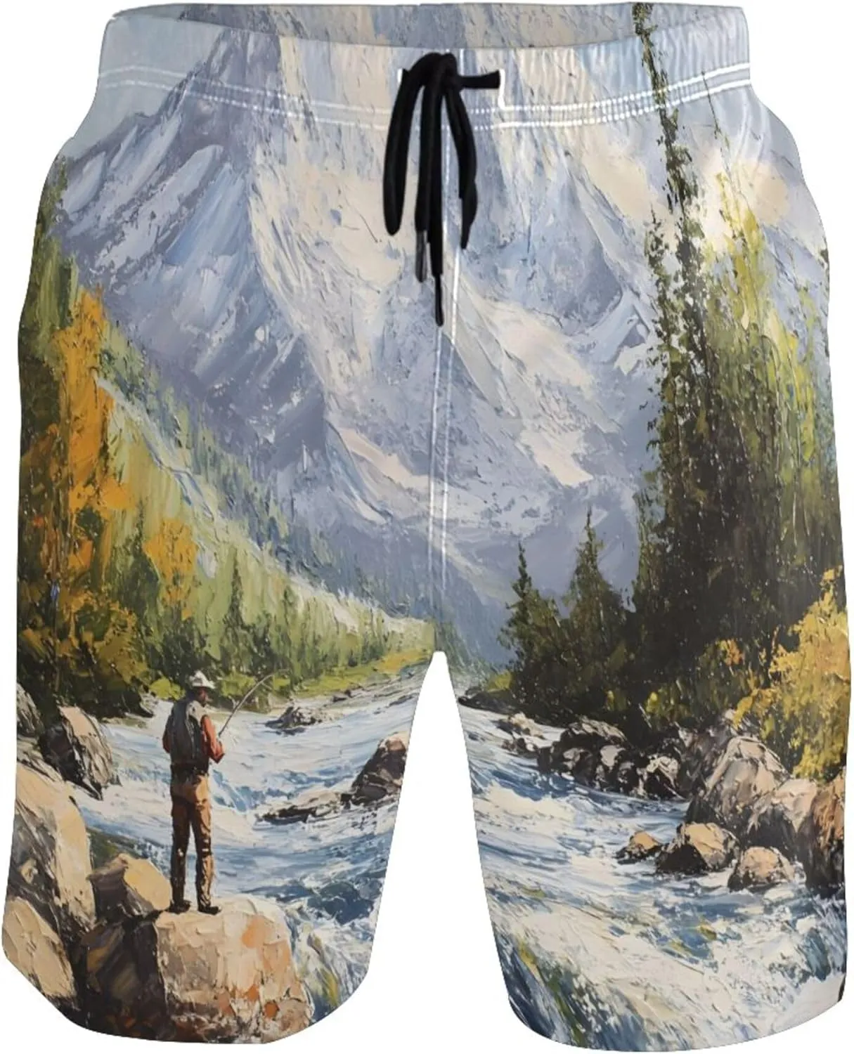 Scenic Fly Fishing Mountain River Beach Swimming Trunks Men Swim Trunks Funny Hawaiian Quick Dry Swimwear S