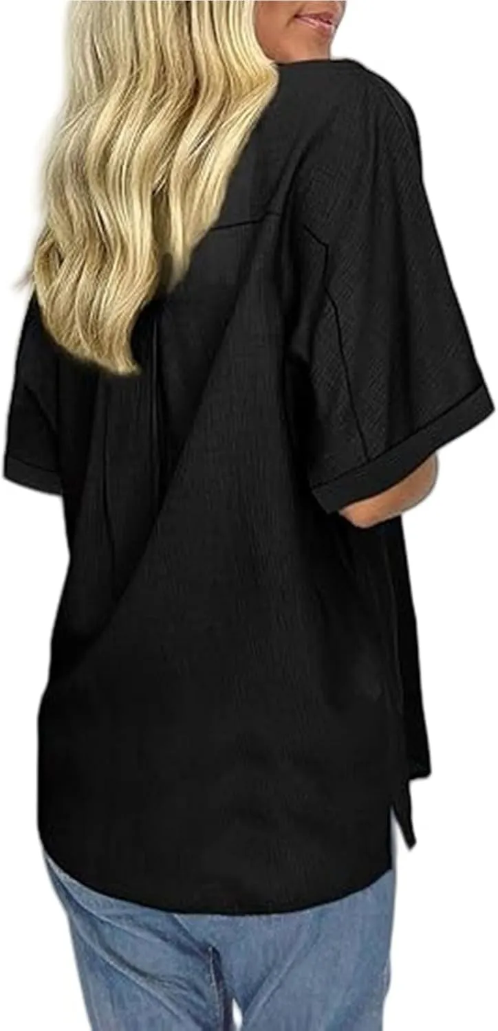 Short Sleeve Shirts for Women Dressy Casual V Neck Blouses Button Down Shirts Loose Collared Summer Tops Business Tee