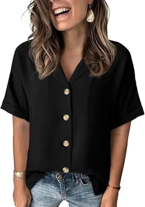 Short Sleeve Shirts for Women Dressy Casual V Neck Blouses Button Down Shirts Loose Collared Summer Tops Business Tee
