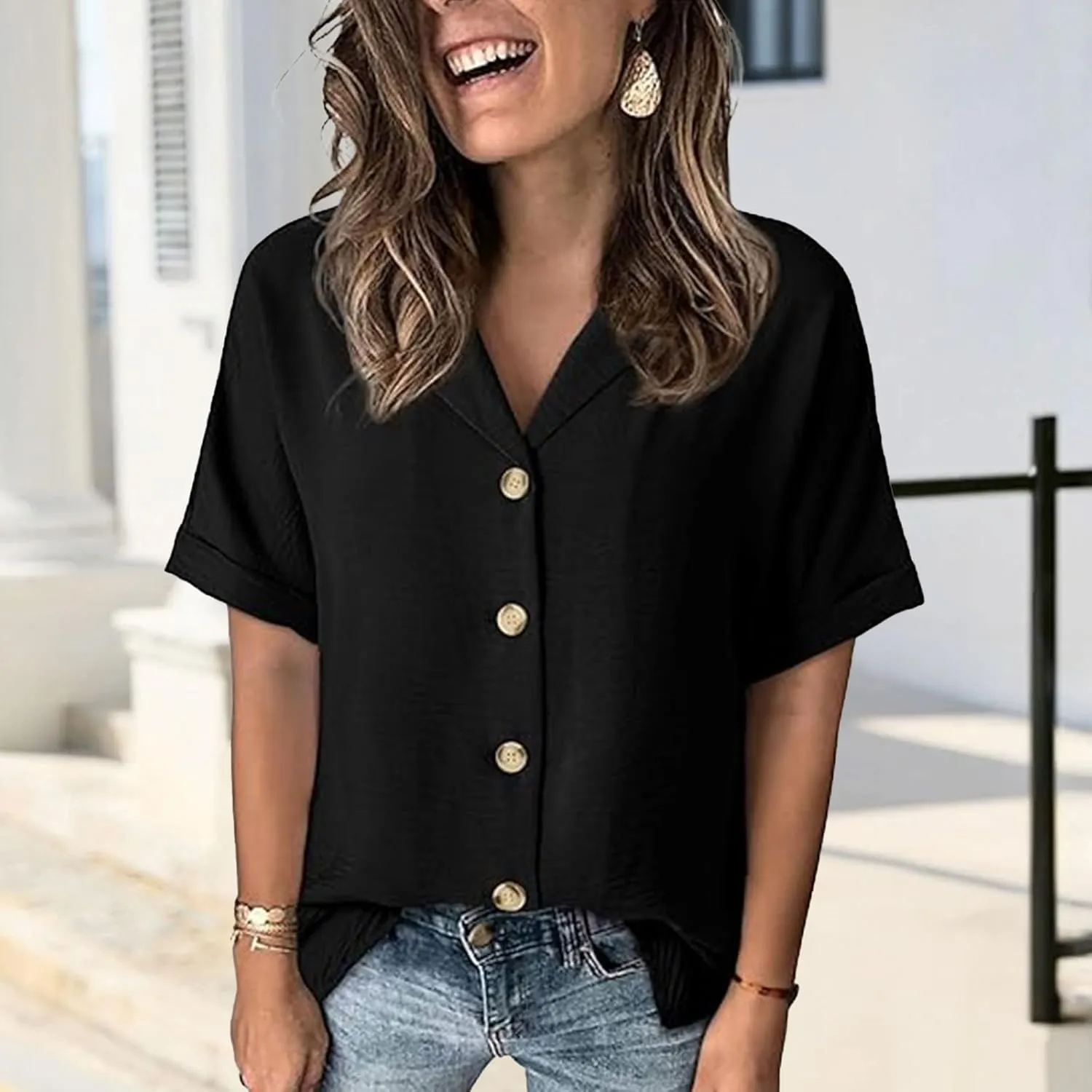 Short Sleeve Shirts for Women Dressy Casual V Neck Blouses Button Down Shirts Loose Collared Summer Tops Business Tee