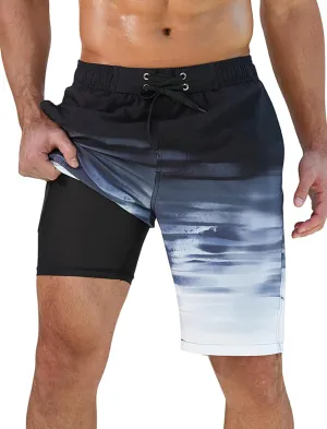 SILKWORLD Mens Swim Trunks with Compression Liner Quick-Dry 10" Stretch Beach Shorts