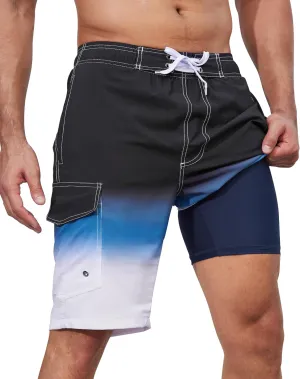 SILKWORLD Mens Swim Trunks with Compression Liner Quick-Dry 10" Stretch Beach Shorts