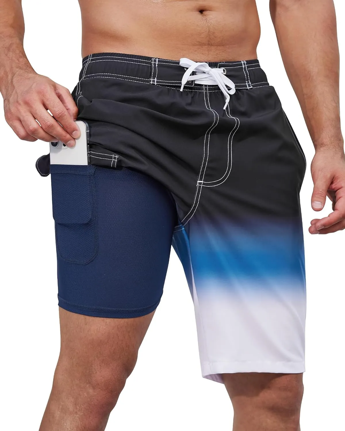 SILKWORLD Mens Swim Trunks with Compression Liner Quick-Dry 10" Stretch Beach Shorts