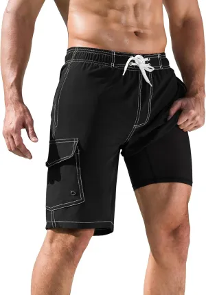SILKWORLD Mens Swim Trunks with Compression Liner Quick-Dry 10" Stretch Beach Shorts