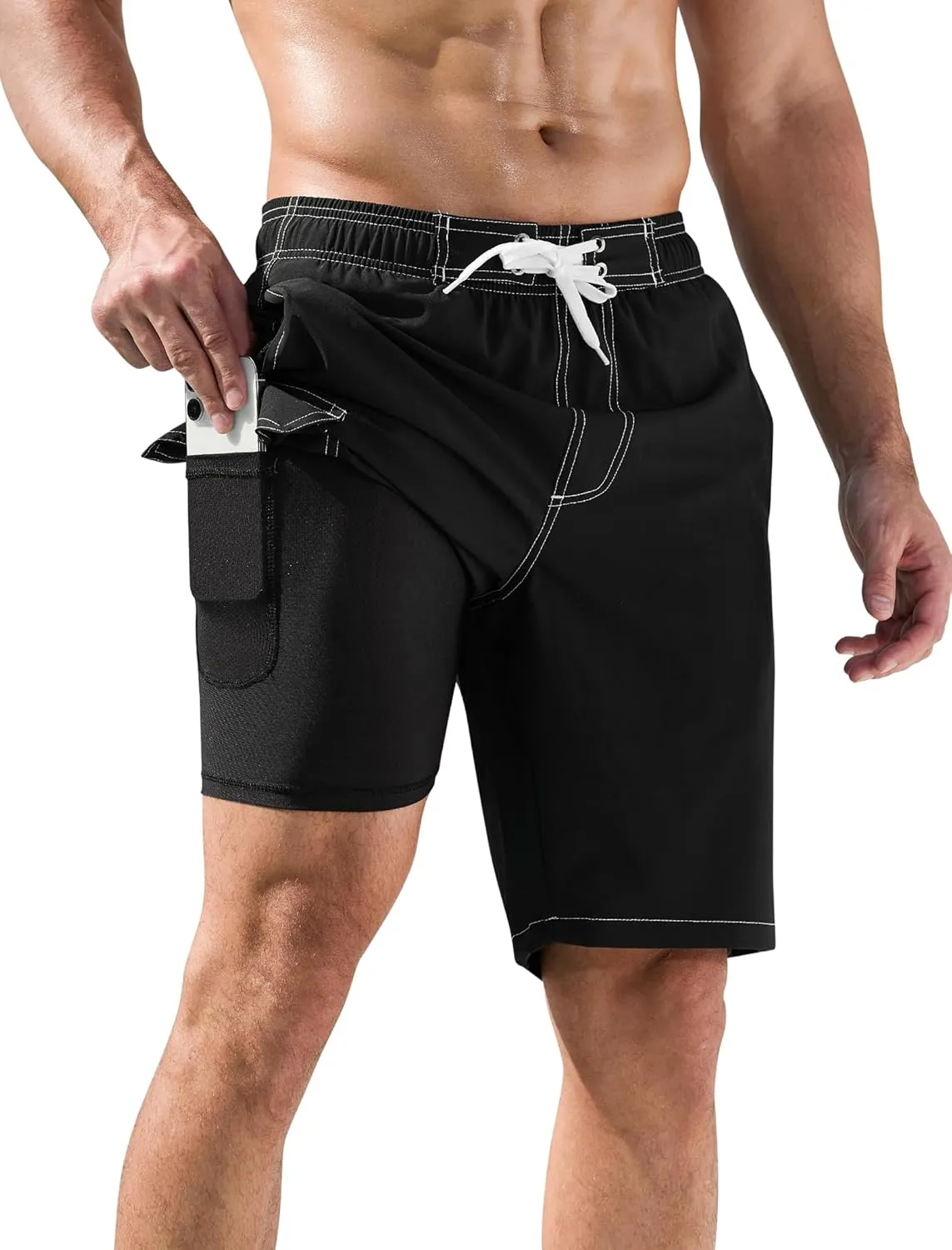 SILKWORLD Mens Swim Trunks with Compression Liner Quick-Dry 10" Stretch Beach Shorts