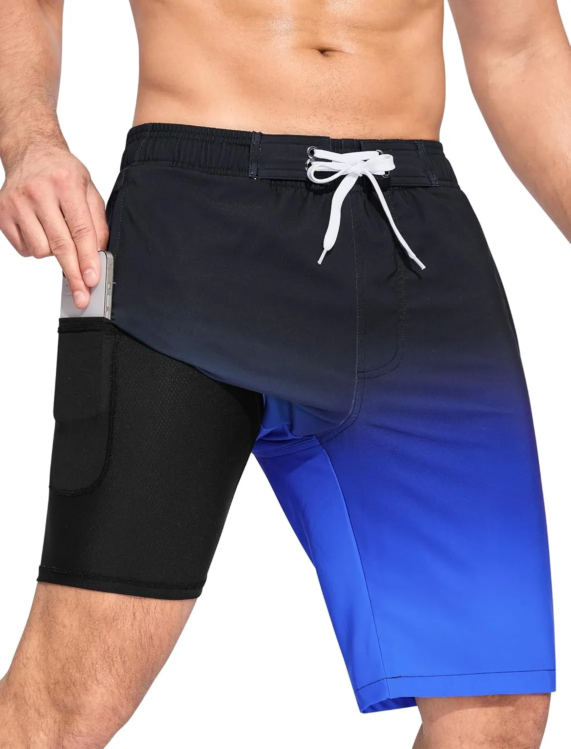 SILKWORLD Mens Swim Trunks with Compression Liner Quick-Dry 10" Stretch Beach Shorts
