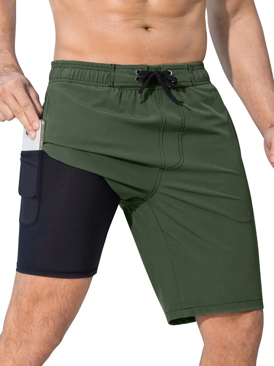 SILKWORLD Mens Swim Trunks with Compression Liner Quick-Dry 10" Stretch Beach Shorts