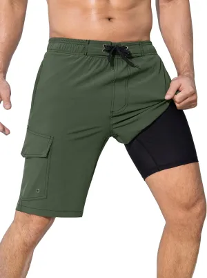 SILKWORLD Mens Swim Trunks with Compression Liner Quick-Dry 10" Stretch Beach Shorts