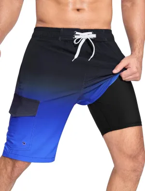 SILKWORLD Mens Swim Trunks with Compression Liner Quick-Dry 10" Stretch Beach Shorts