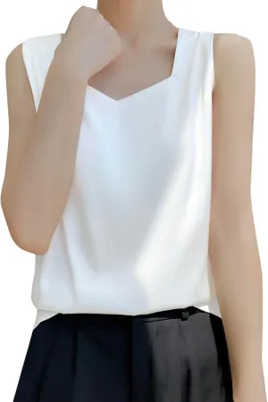 Summer Basic Satin Tank Tops Dressy Square Neck Sleeveless Shirts Lightweight Silk Blouse Comfy Loungewear Crop Top