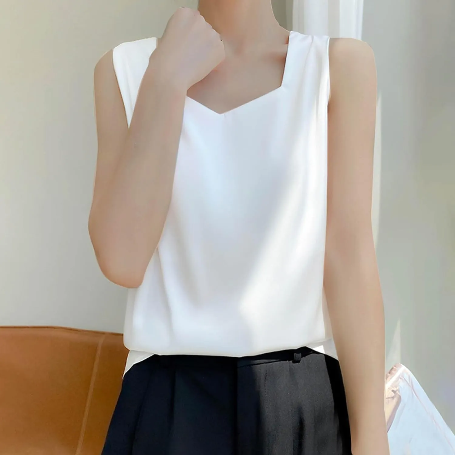 Summer Basic Satin Tank Tops Dressy Square Neck Sleeveless Shirts Lightweight Silk Blouse Comfy Loungewear Crop Top