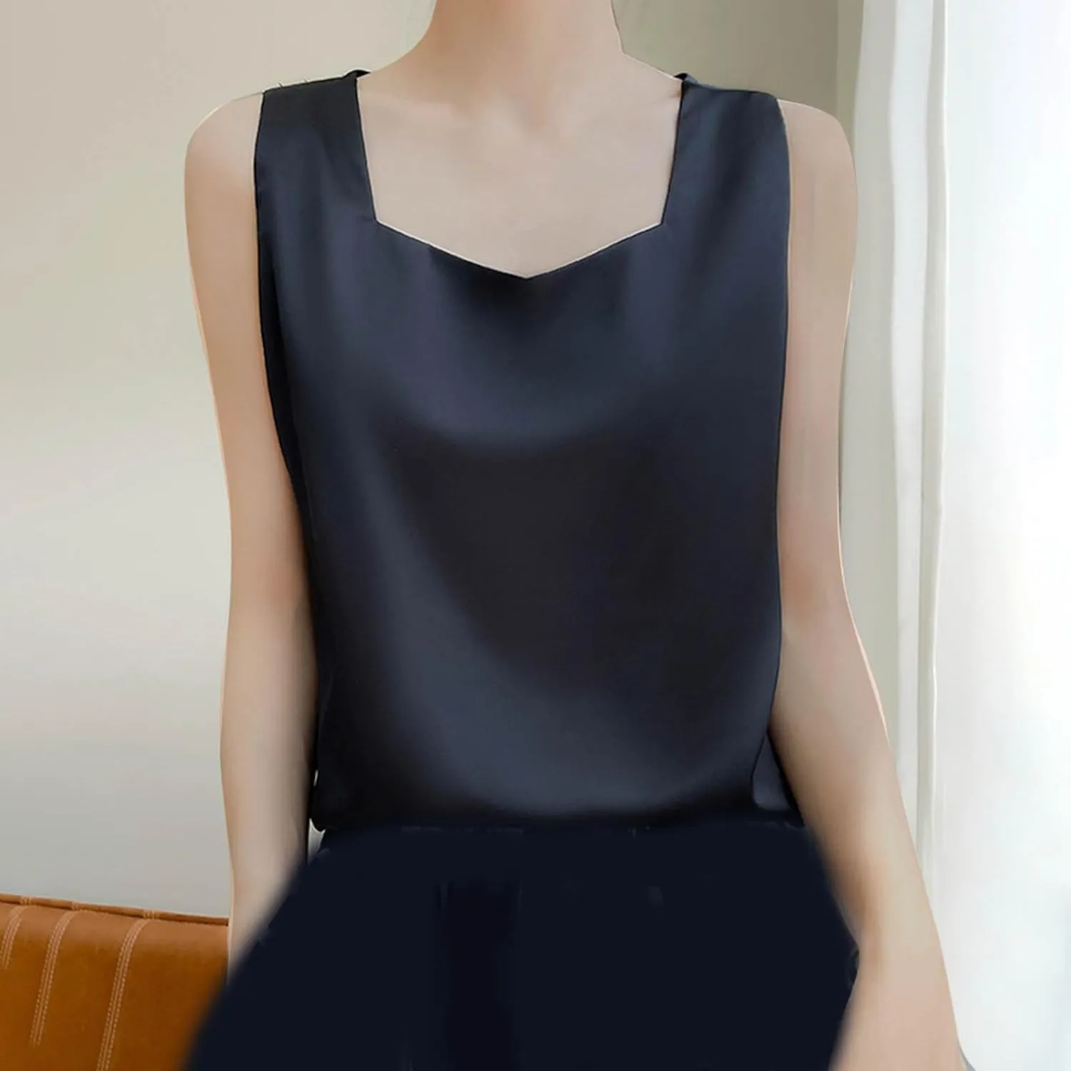 Summer Basic Satin Tank Tops Dressy Square Neck Sleeveless Shirts Lightweight Silk Blouse Comfy Loungewear Crop Top