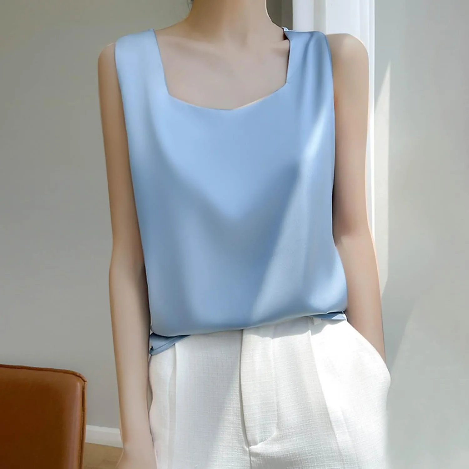 Summer Basic Satin Tank Tops Dressy Square Neck Sleeveless Shirts Lightweight Silk Blouse Comfy Loungewear Crop Top