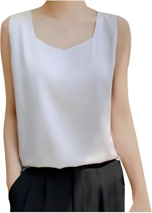 Summer Basic Satin Tank Tops Dressy Square Neck Sleeveless Shirts Lightweight Silk Blouse Comfy Loungewear Crop Top