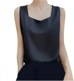 Summer Basic Satin Tank Tops Dressy Square Neck Sleeveless Shirts Lightweight Silk Blouse Comfy Loungewear Crop Top