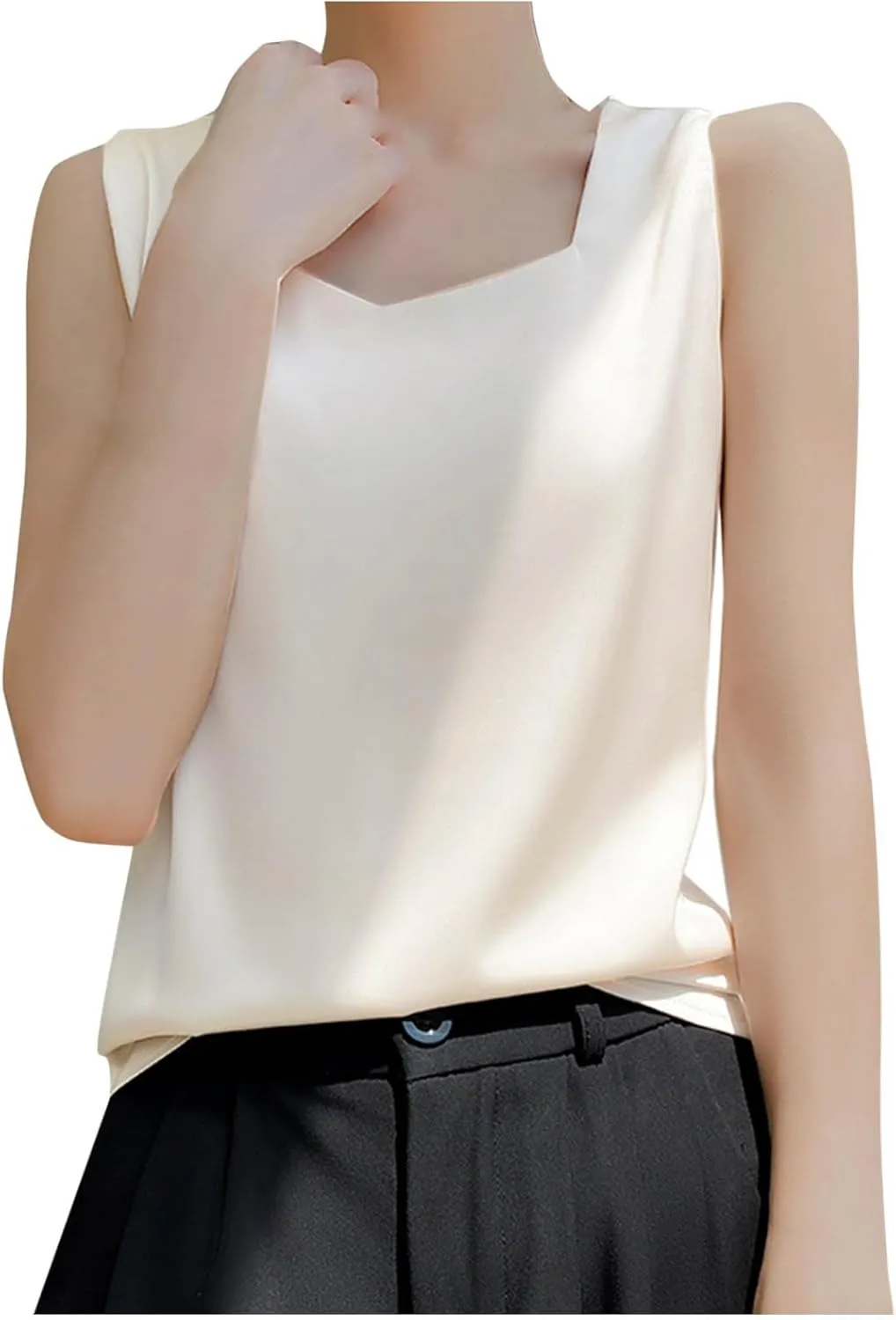 Summer Basic Satin Tank Tops Dressy Square Neck Sleeveless Shirts Lightweight Silk Blouse Comfy Loungewear Crop Top