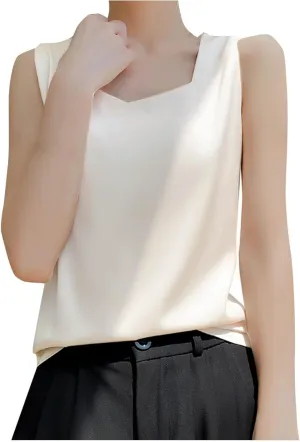 Summer Basic Satin Tank Tops Dressy Square Neck Sleeveless Shirts Lightweight Silk Blouse Comfy Loungewear Crop Top