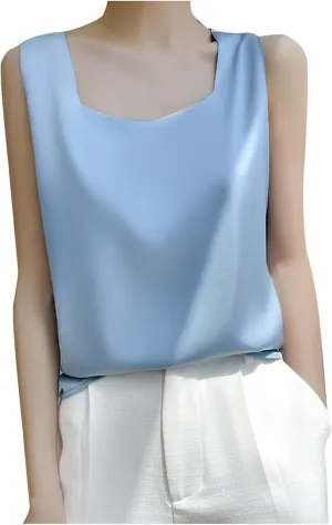 Summer Basic Satin Tank Tops Dressy Square Neck Sleeveless Shirts Lightweight Silk Blouse Comfy Loungewear Crop Top