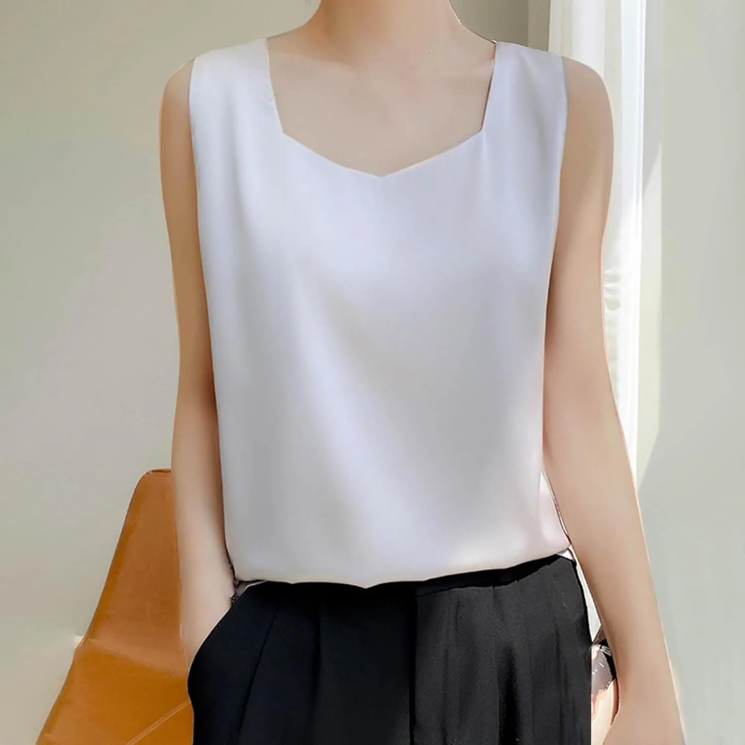 Summer Basic Satin Tank Tops Dressy Square Neck Sleeveless Shirts Lightweight Silk Blouse Comfy Loungewear Crop Top