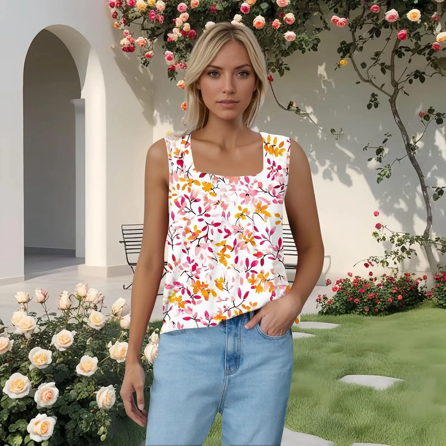 Summer Tank Tops for Women Sleeveless Square Neck Tops Comfy Pleated Tanks Blouses Dressy Casual