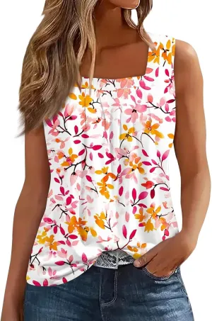 Summer Tank Tops for Women Sleeveless Square Neck Tops Comfy Pleated Tanks Blouses Dressy Casual