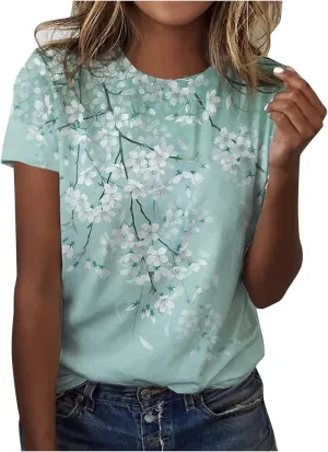 Summer Tops for Women 2025 Retro Floral Print Short Sleeve Tshirts Casual Crewneck Tunic Blouse Ladies Graphic Tees