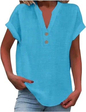 Summer Tops for Women 2025 Trendy Short Sleeve Cotton Linen Tops Button up Henley V Neck Shirts Vacation Beach Clothes