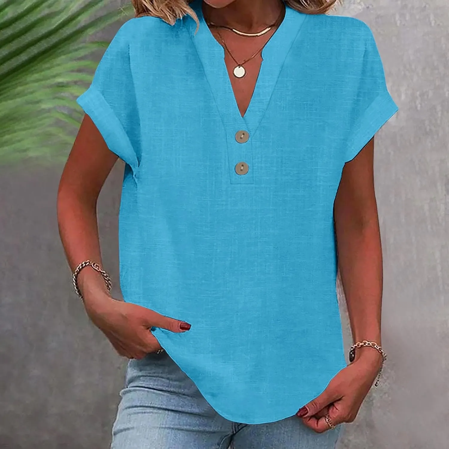 Summer Tops for Women 2025 Trendy Short Sleeve Cotton Linen Tops Button up Henley V Neck Shirts Vacation Beach Clothes
