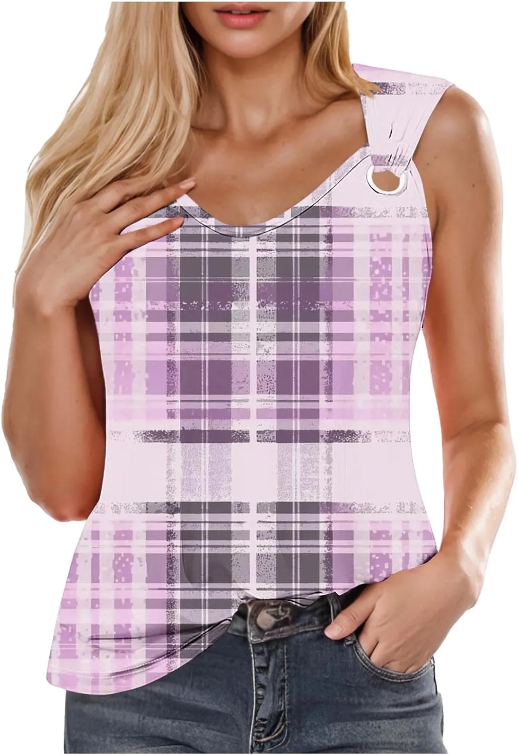 Summer Womens Casual Round Neck Tank Tops Color Block Sleeveless T Shirts Trendy Going Out Blouses O Ring Tee