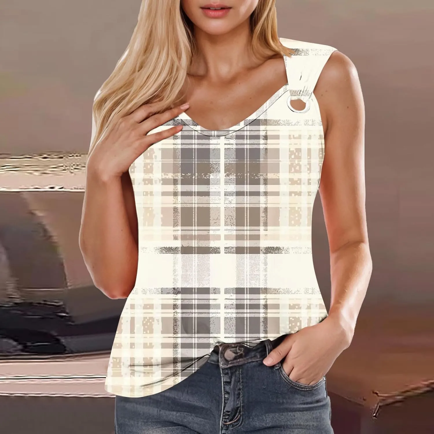 Summer Womens Casual Round Neck Tank Tops Color Block Sleeveless T Shirts Trendy Going Out Blouses O Ring Tee