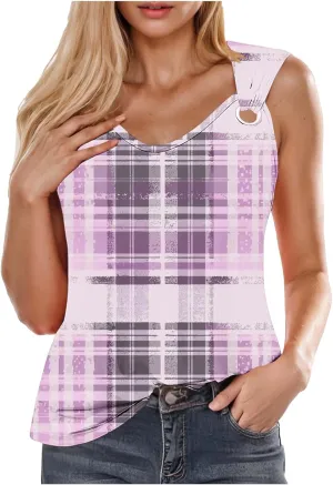 Summer Womens Casual Round Neck Tank Tops Color Block Sleeveless T Shirts Trendy Going Out Blouses O Ring Tee
