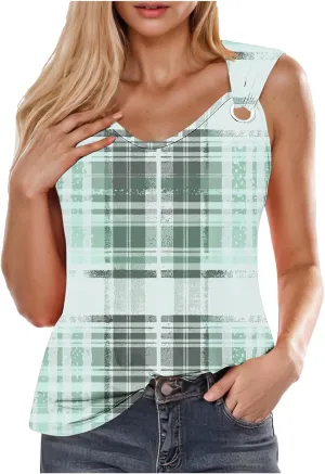 Summer Womens Casual Round Neck Tank Tops Color Block Sleeveless T Shirts Trendy Going Out Blouses O Ring Tee