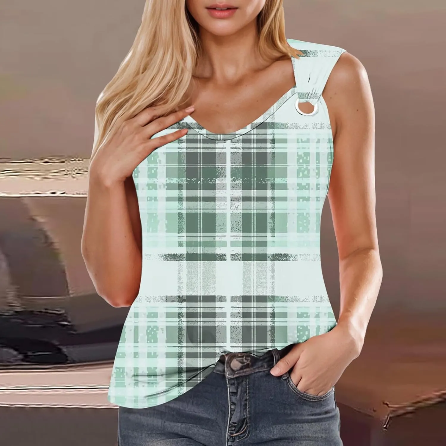 Summer Womens Casual Round Neck Tank Tops Color Block Sleeveless T Shirts Trendy Going Out Blouses O Ring Tee