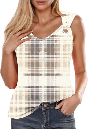 Summer Womens Casual Round Neck Tank Tops Color Block Sleeveless T Shirts Trendy Going Out Blouses O Ring Tee