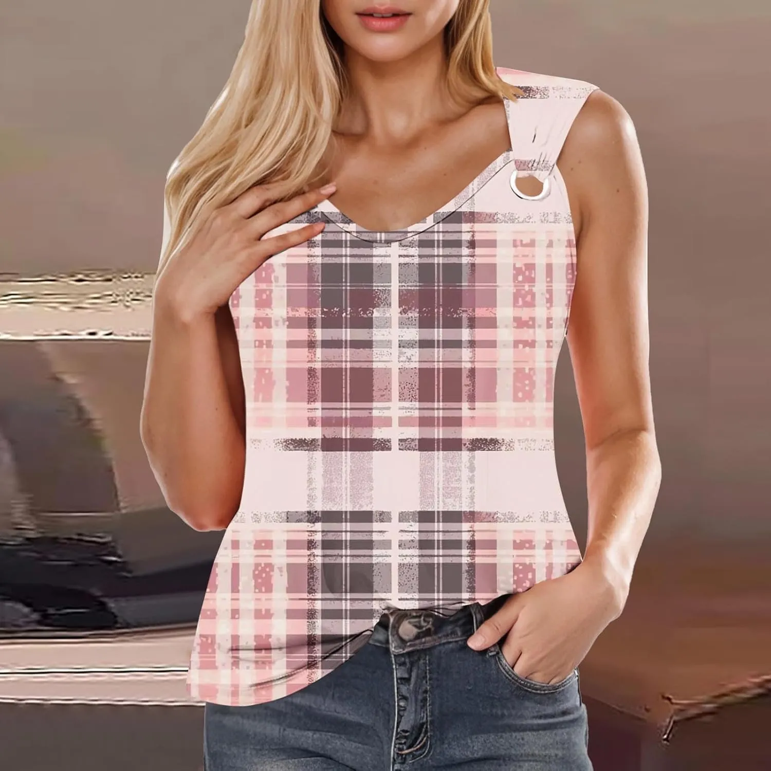 Summer Womens Casual Round Neck Tank Tops Color Block Sleeveless T Shirts Trendy Going Out Blouses O Ring Tee