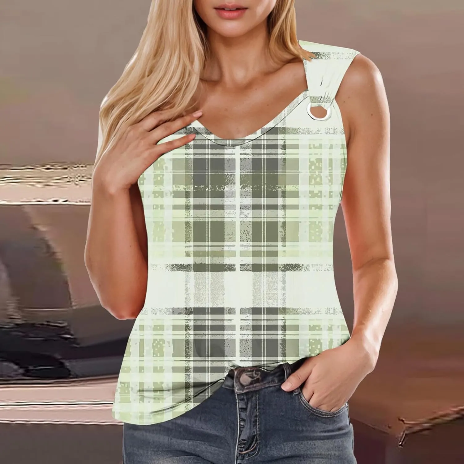 Summer Womens Casual Round Neck Tank Tops Color Block Sleeveless T Shirts Trendy Going Out Blouses O Ring Tee