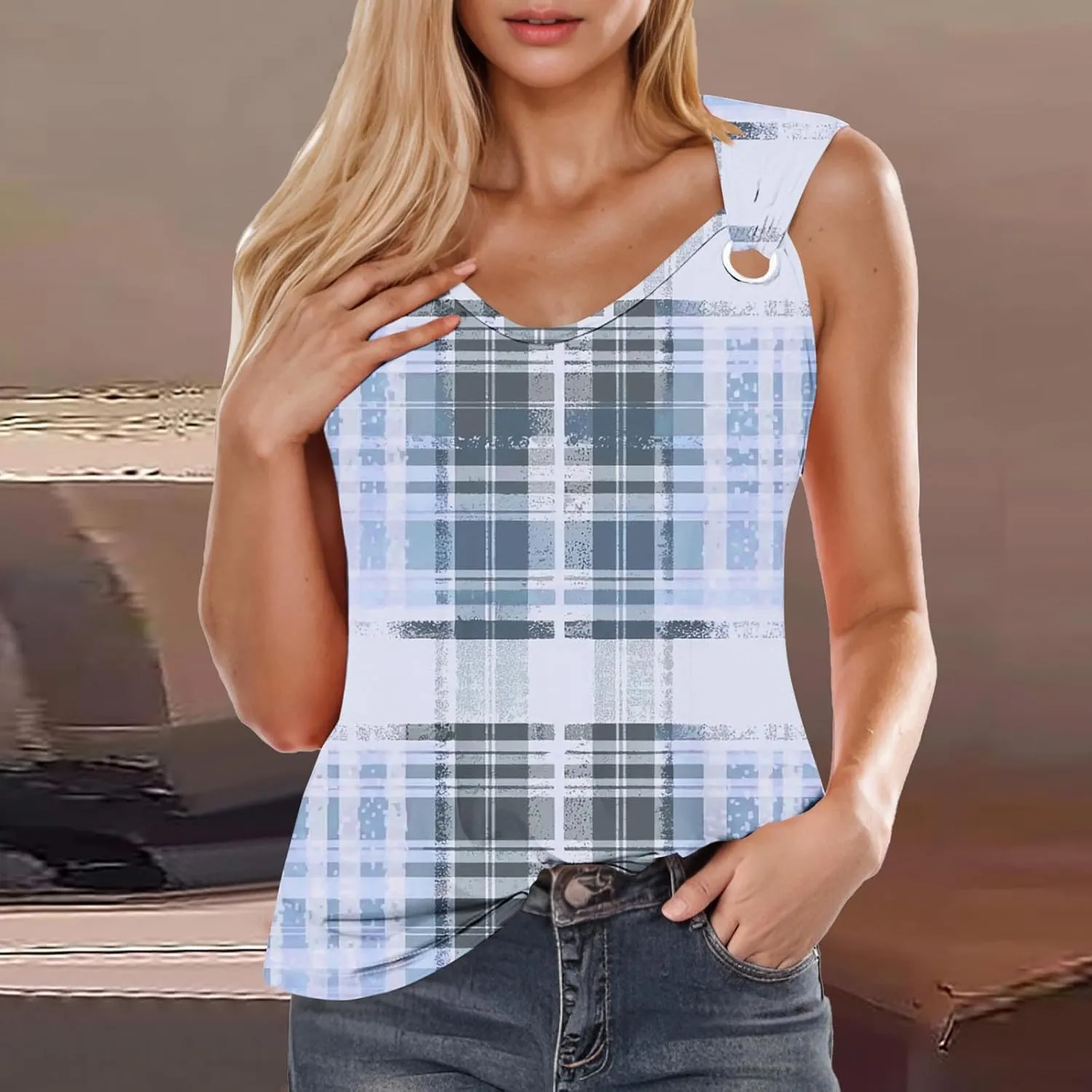 Summer Womens Casual Round Neck Tank Tops Color Block Sleeveless T Shirts Trendy Going Out Blouses O Ring Tee