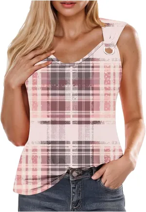 Summer Womens Casual Round Neck Tank Tops Color Block Sleeveless T Shirts Trendy Going Out Blouses O Ring Tee