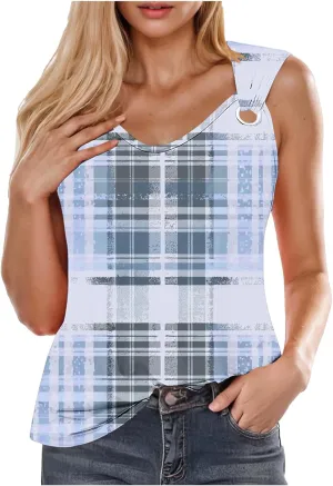 Summer Womens Casual Round Neck Tank Tops Color Block Sleeveless T Shirts Trendy Going Out Blouses O Ring Tee