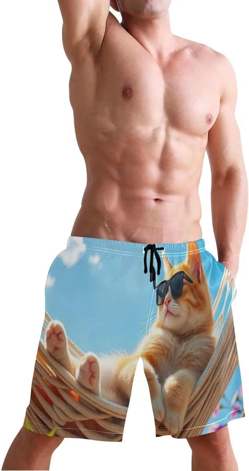 Sunshine Cute Orange Cat Men Swim Trunks Funny Men Swimming Trunks Vacation Swimwear Quick Dry S