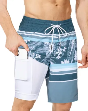 SURF CUZ 9" Mens Swim Trunks with Compression Liner Bathing Suits 2 in 1 Stretch Zipper Pockets Quick Dry