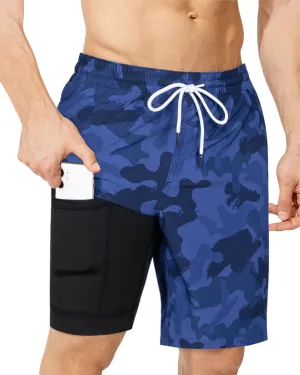 SURF CUZ 9" Mens Swim Trunks with Compression Liner Bathing Suits 2 in 1 Stretch Zipper Pockets Quick Dry