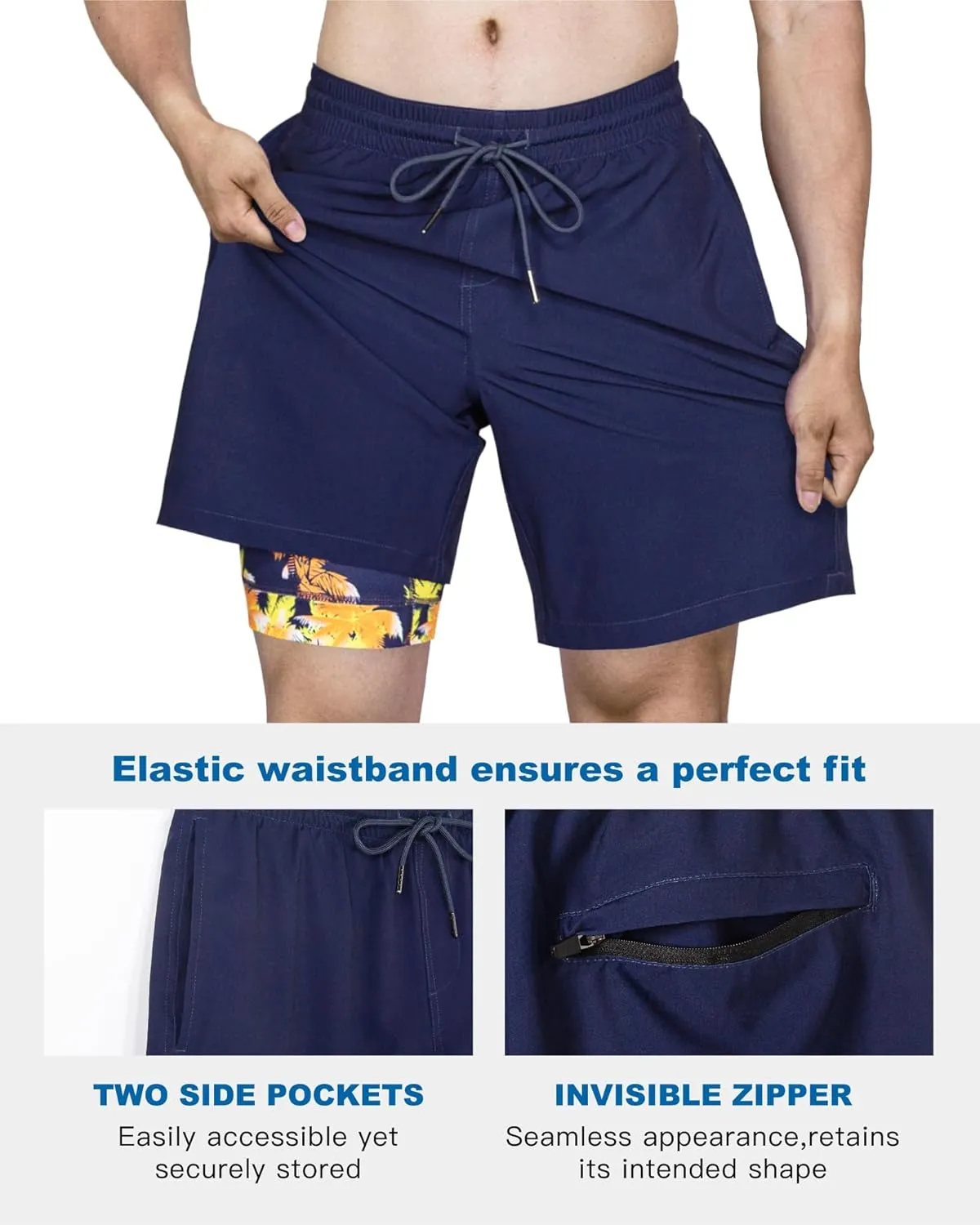 SURF CUZ Mens Swim Trunks with Compression Liner Quick Dry Swim Shorts 7" Swimming Trunks Stretch Bathing Suit 7 Inch