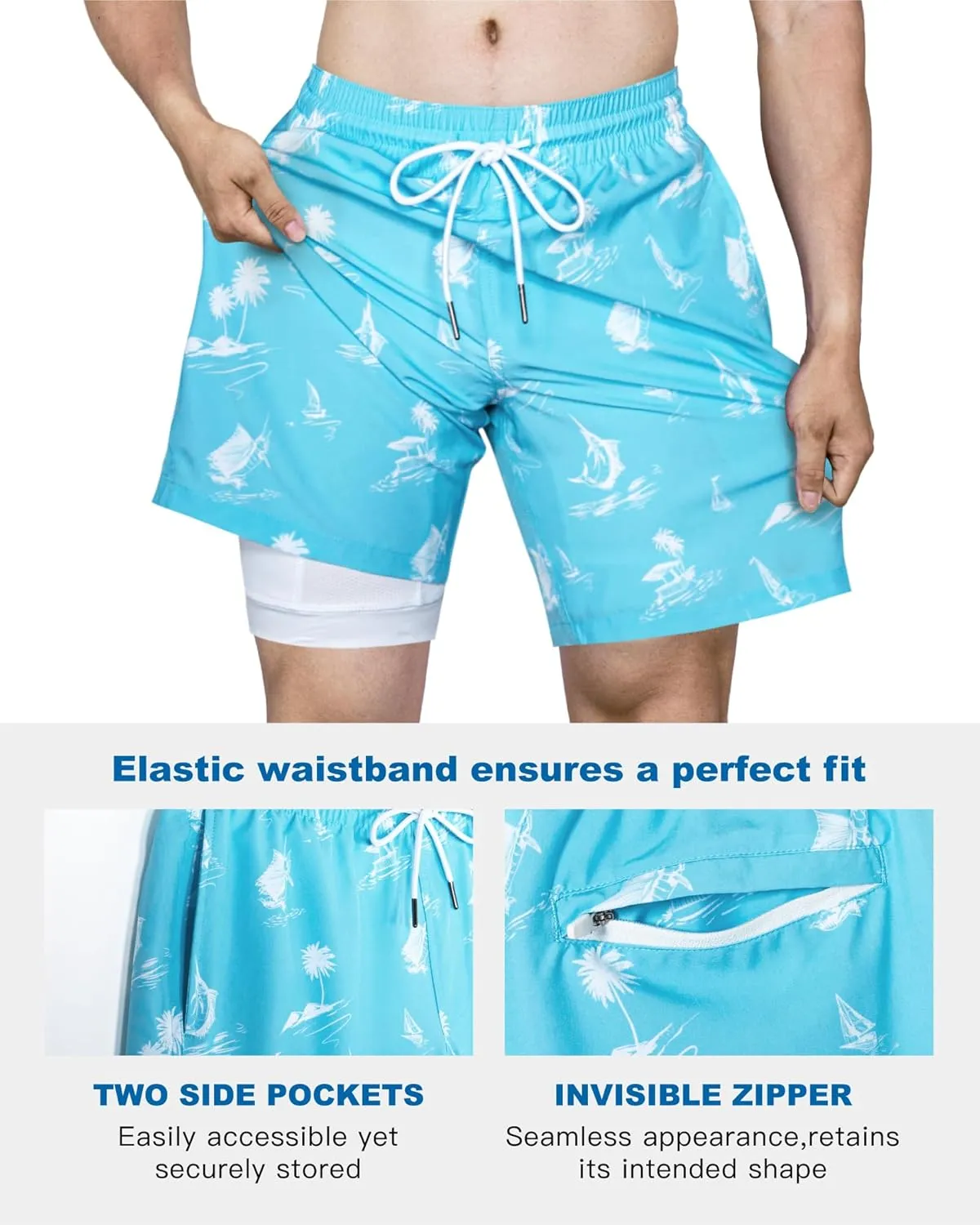 SURF CUZ Mens Swim Trunks with Compression Liner Quick Dry Swim Shorts 7" Swimming Trunks Stretch Bathing Suit 7 Inch