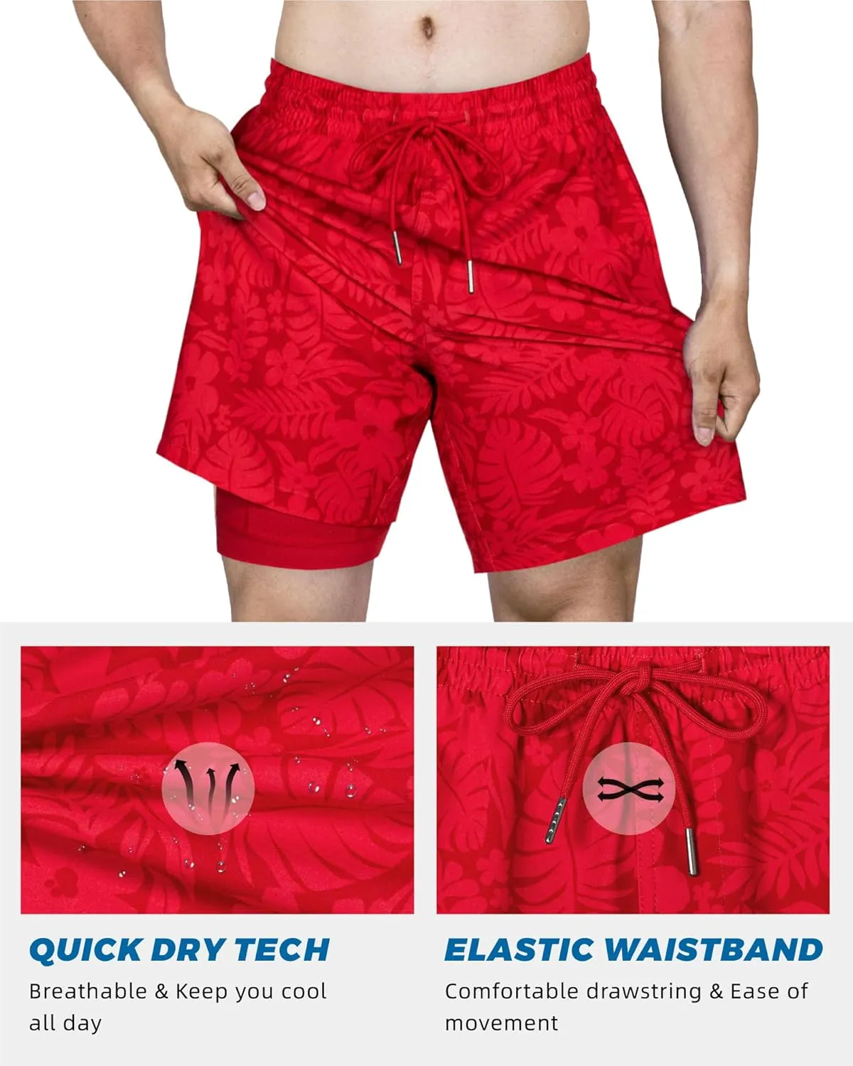 SURF CUZ Mens Swim Trunks with Compression Liner Swim Shorts 7" Swimming Trunks Stretch 7 Inch Swim Suits Quick Dry