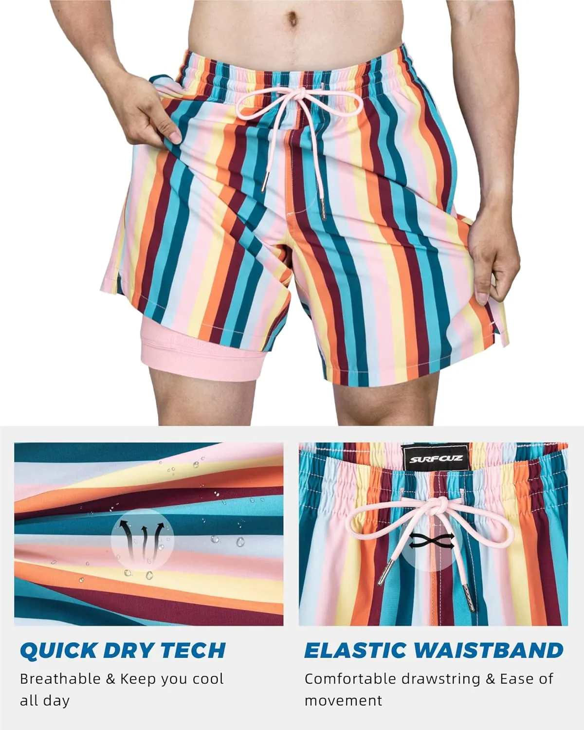 SURF CUZ Mens Swim Trunks with Compression Liner Swim Shorts 7" Swimming Trunks Stretch 7 Inch Swim Suits Quick Dry