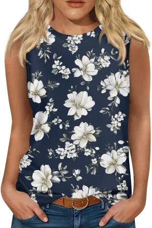 Tank Tops for Women Round Neck Sleeveless Floral Print Shirts 2025 Summer Casual Loose Cute Basic Beach Tanks Tee